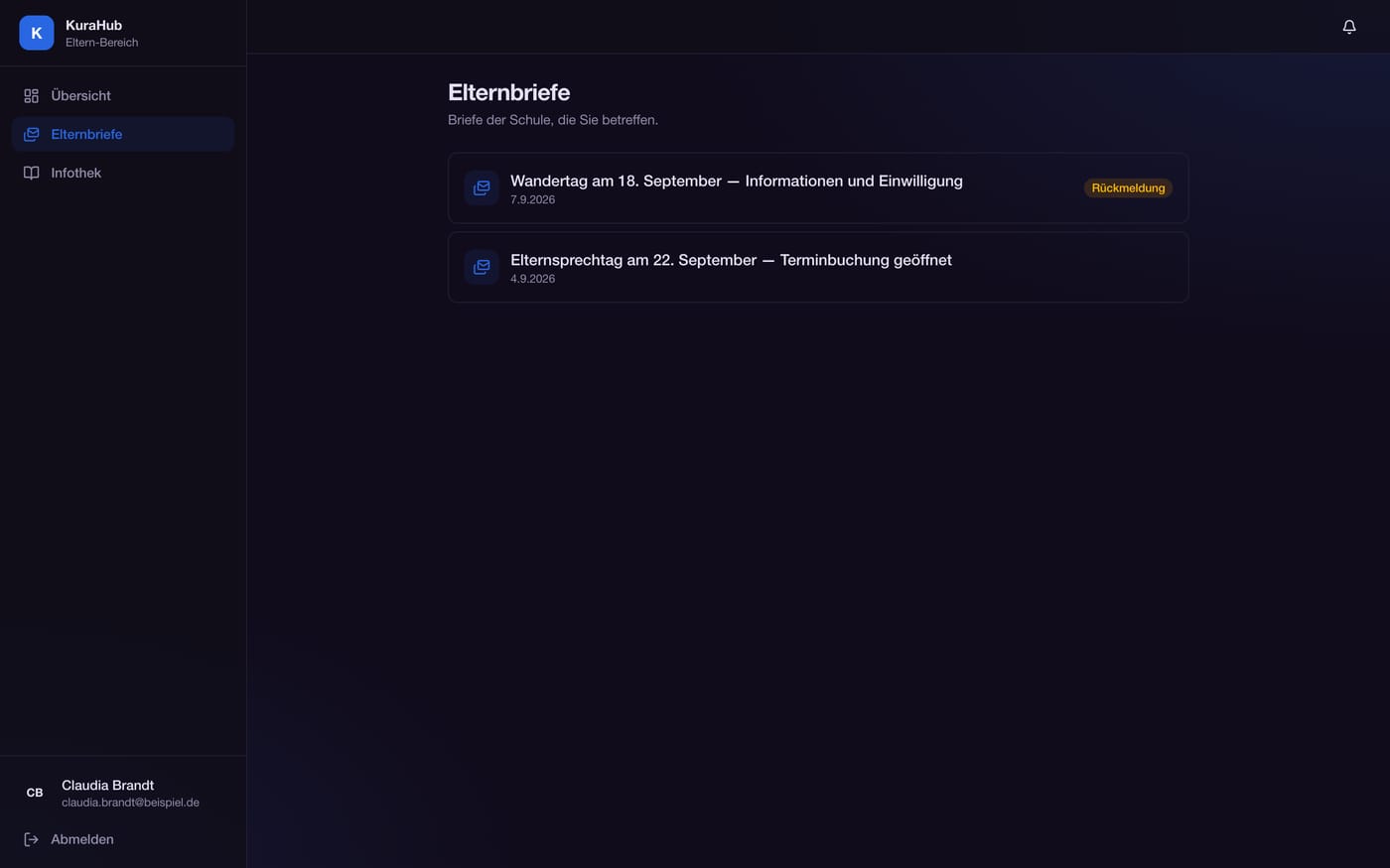 Eltern-Portal mit Liste der Elternbriefe und Rückmelde-Status